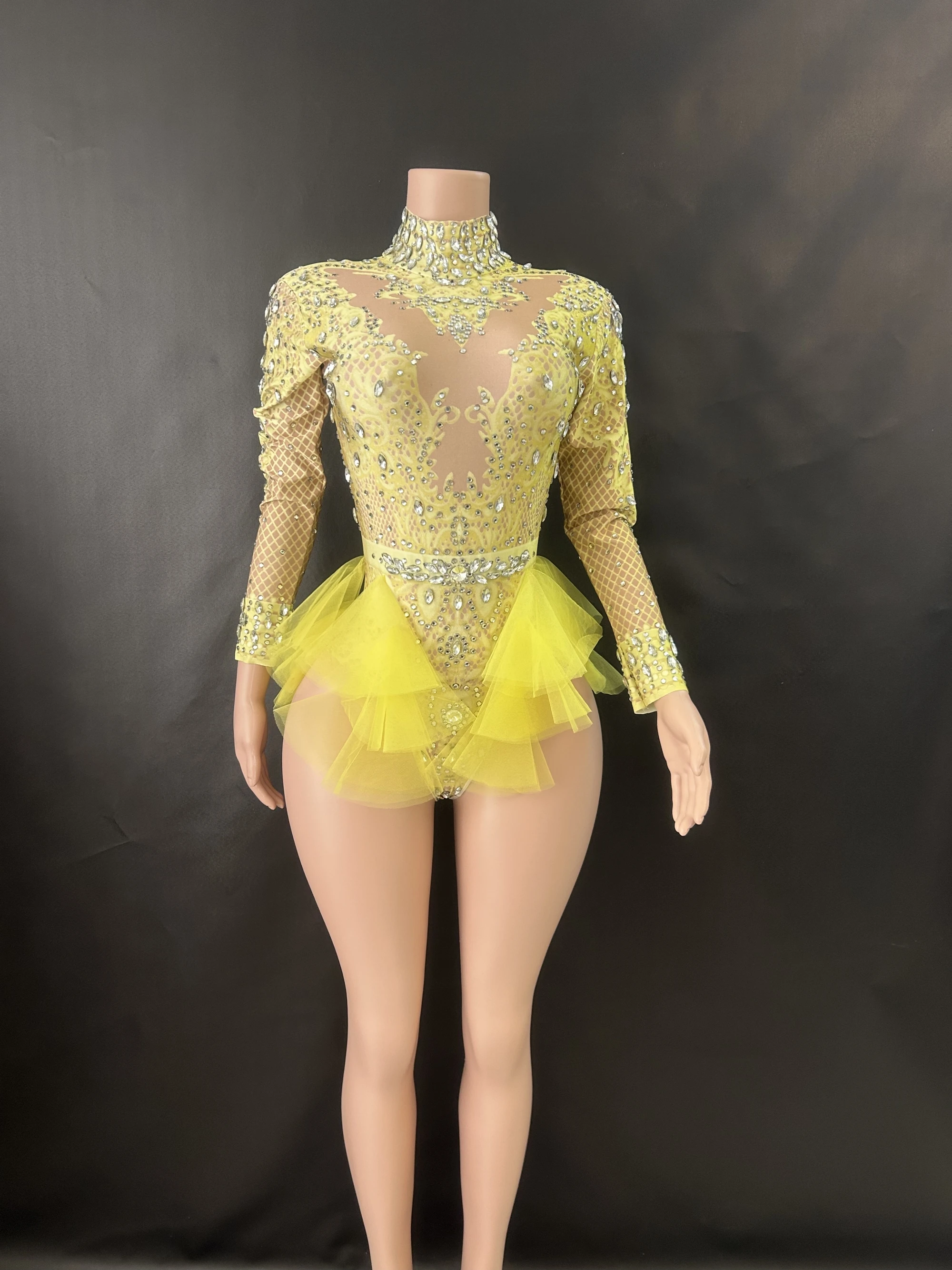 Body brillante con diamantes de imitación para mujer, malla elástica rosa con volantes, leotardo de cristal, disfraz de bailarina, ropa de escenario, traje de fiesta 7G