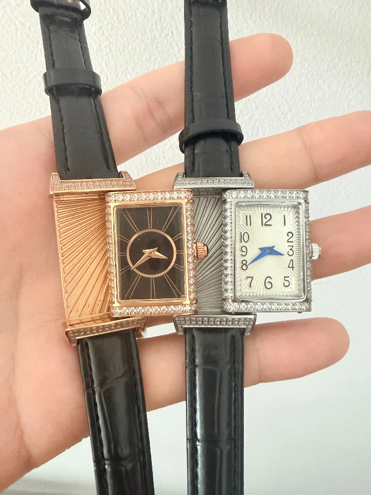 

NEW 21mm Retro Niche Temperament Slide Design Leather Women's Quartz Square Diamond set case Leather strap Stylish Men's Watches
