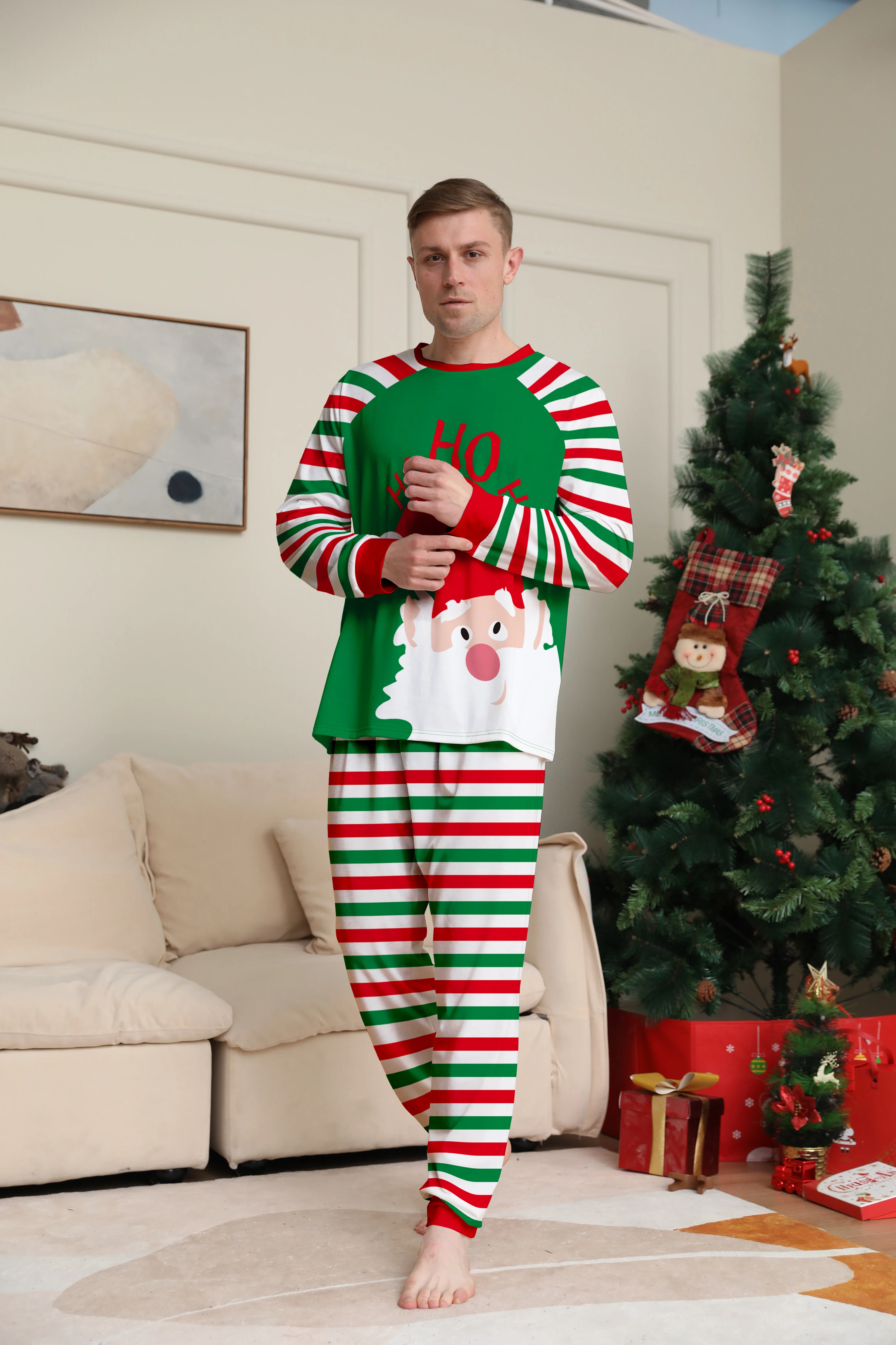 

Men's Christmas Pajamas Set with Santa Claus & Striped Print, Festive Xmas Loungewear