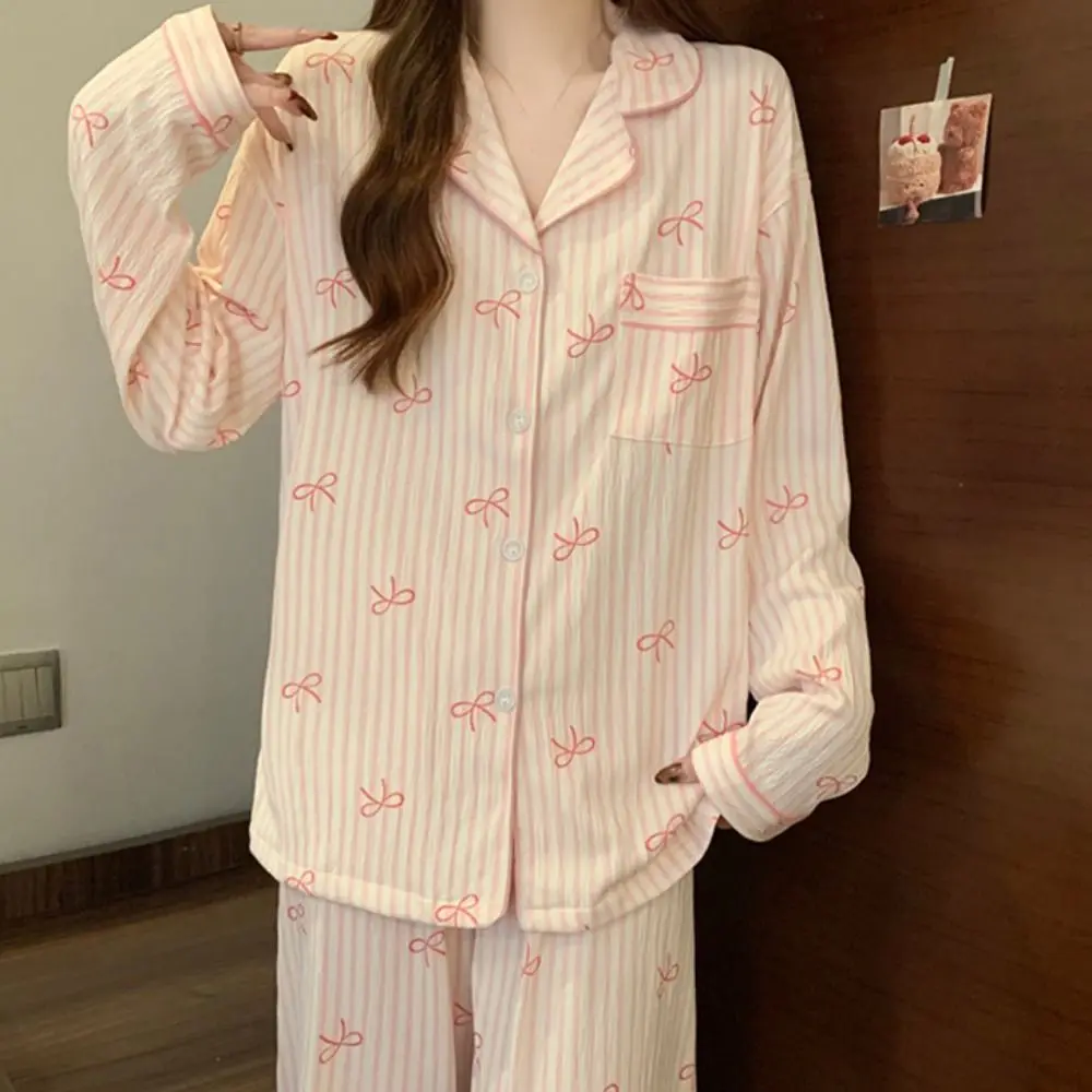 

Elegant Stripe Bow Pajamas Set Casual Loose Sweet Pajamas Suit Korean Style Home Wear Two Piece Nightwears Girl