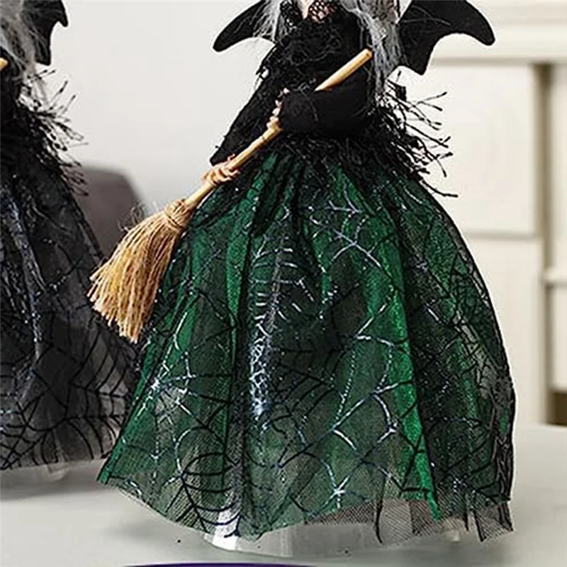 Decoración de bruja de Halloween, muñeca de bruja de 11 pulgadas, velo de Halloween, sombrero y escoba verde