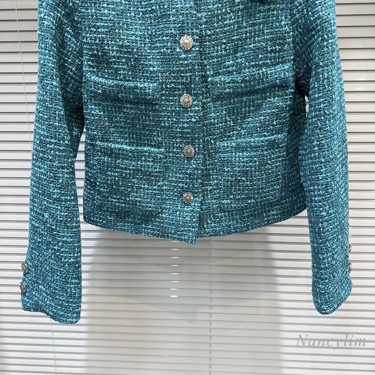 2024 Autumn New Chic Coat Woman Three-dimensional Flower Pin Rhinestone Buckle Tweed Temperament Short Blue Coats for Women