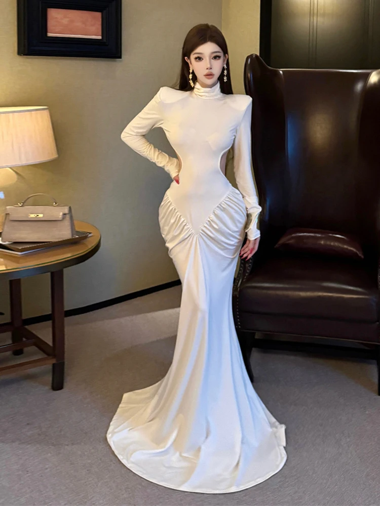Vestido Vintage de sirena ceñido con pliegues y huecos para mujer, vestido largo hasta el suelo con Espalda descubierta, vestido elegante para fiesta y baile