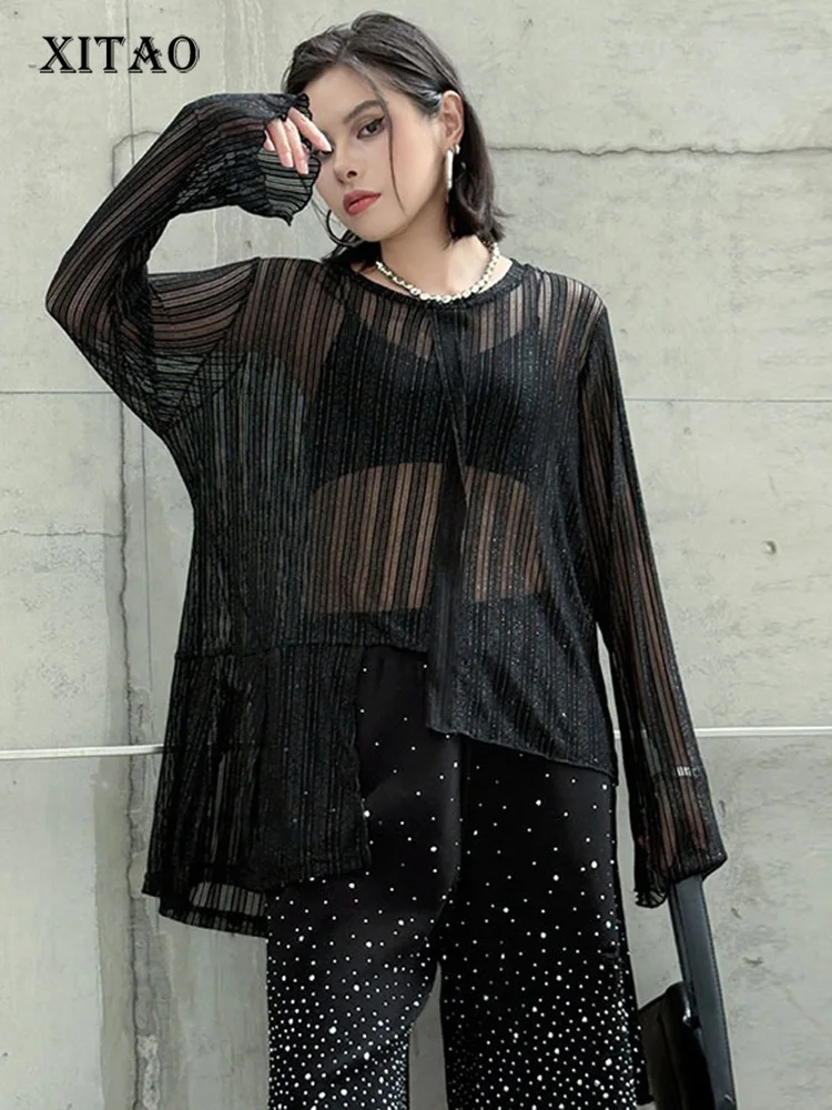 

XITAO Asymmetrical Perspective T-Shirts Loose Solid Color O-neck Full Sleeve Temperament Slimming Summer Woman T-Shirts ZMY1325