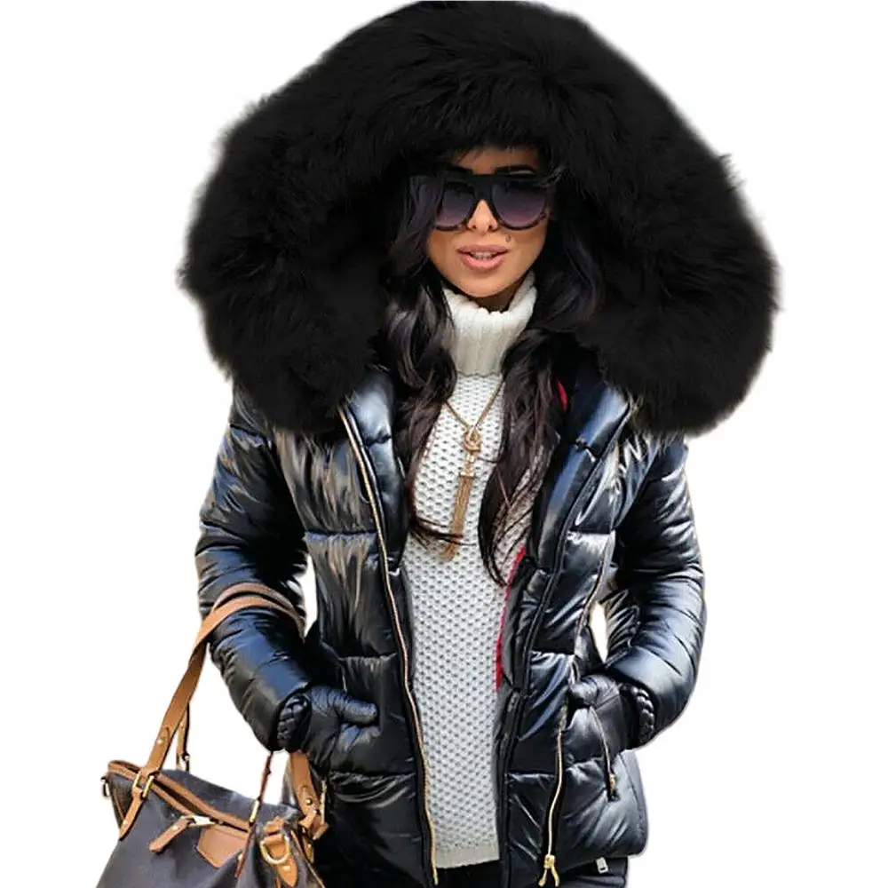 Women Zipper Coat Warm Jacket Winter Parka Coats Down Clothes Faux Fur Hood Pocket Parkas Jackets Woman