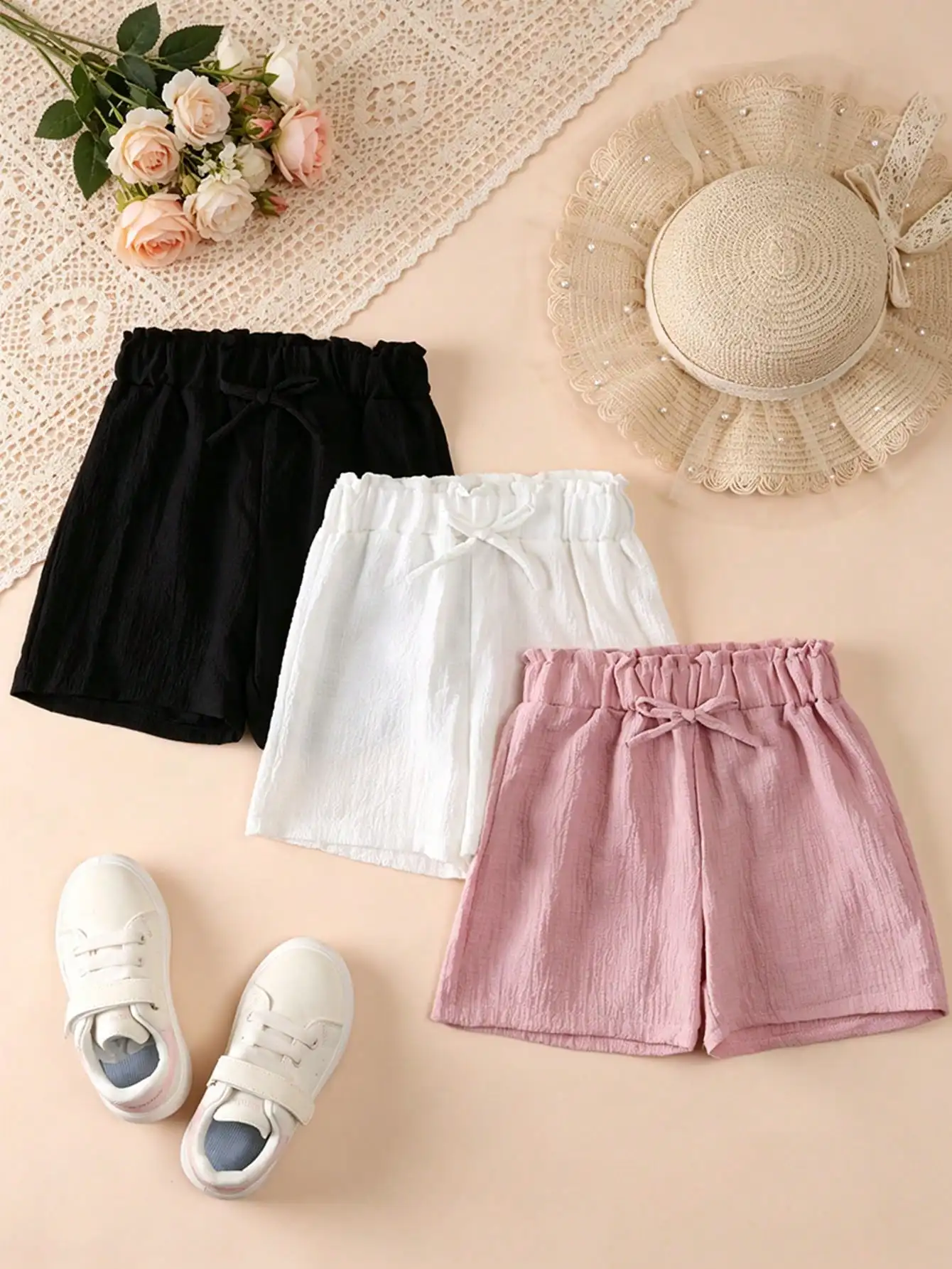 3-teiliges Set: Leichte, atmungsaktive Shorts für Kleinkinder (2-11 Jahre) mit elastischem Bund und Schleifendekor – Sommerliche Freizeitshorts für den Alltag – Detail 9
