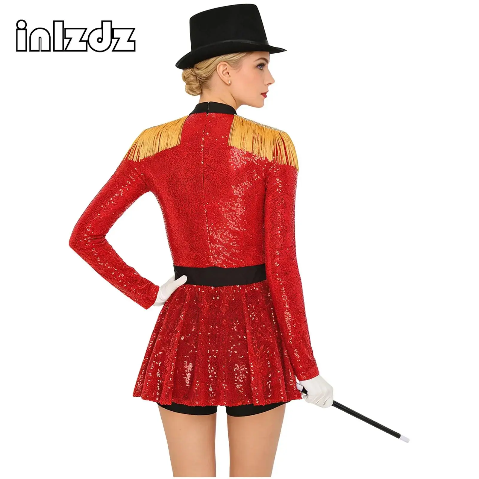 Conjunto de disfraces de maestro de ceremonias de circo para Halloween, con faldas con flecos, body y sombrero, varita y guantes. Traje de mago para espectáculo de magia.