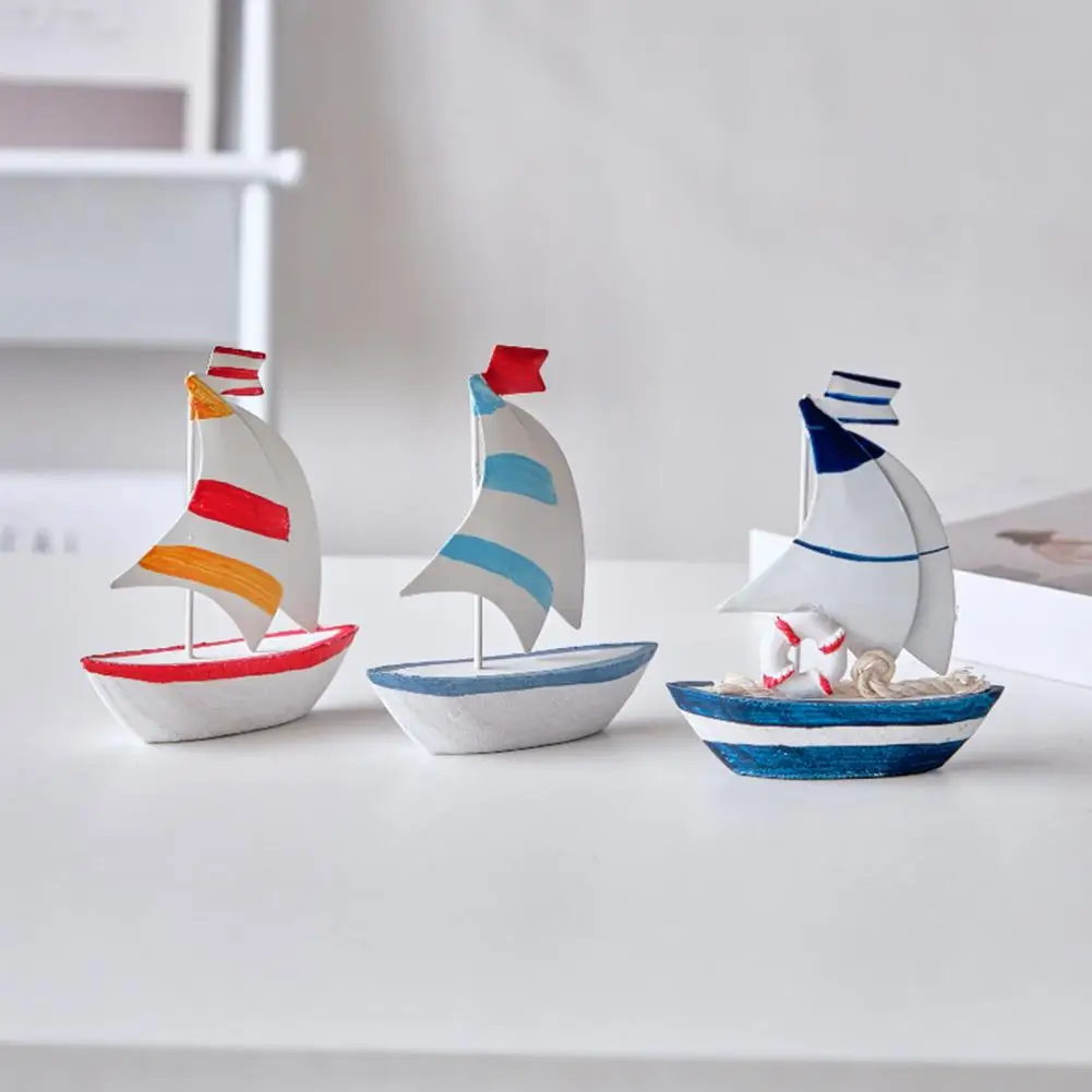 Sailboat Ornament, Wooden Iron Desktop Figure, Small Nautical Tabletop Decoration, Blue White Striped Lifebuoy Starfish Marine S
