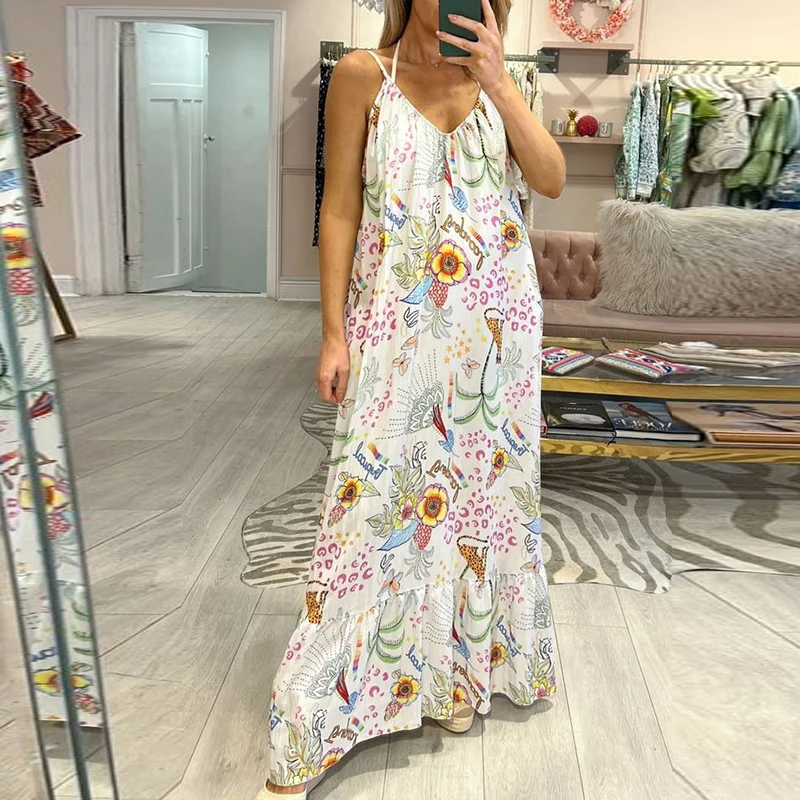 2024 Mode Bloemenprint Geplooide Feestjurk Elegante Diepe V-hals Spaghetti Jurk Vrouwen Casual Mouwloze Losse Lange Jurk