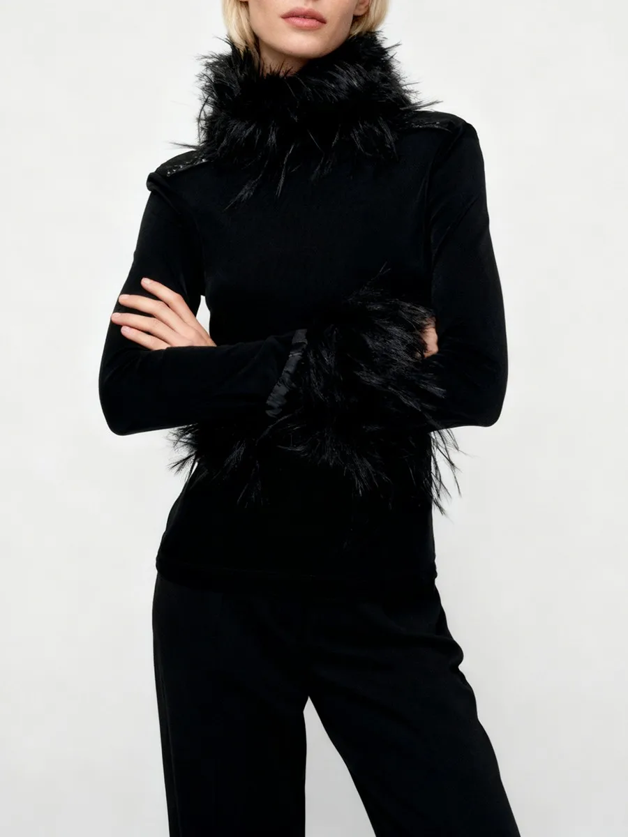 TWOTWINSTYLE Solid Slimming Spliced Feather Fashion T Shirts for Women High Neck Long Sleeves Elegant T Shirt Female Autumn New