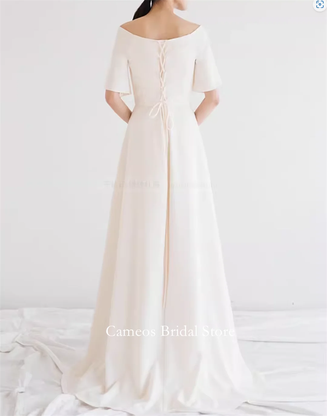SONDR-vestidos de novia personalizados de manga corta, color marfil, cuello barco, corsé de satén coreano, corte en A, vestidos de novia para mujer