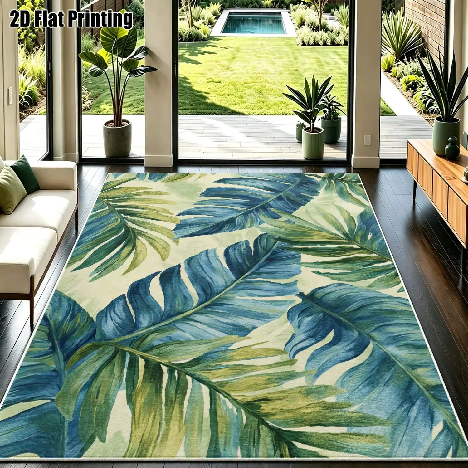 1Pc 2D Printed Carpet: Blue-Green Tropical Plant Patterns, Nordic/Instagram/Modern Minimalist/European/Vintage Style, Home Decor, Multiple Sizes, Machine Washable, for Entryway, Dining Room, Foyer, Bedroom, Living Room