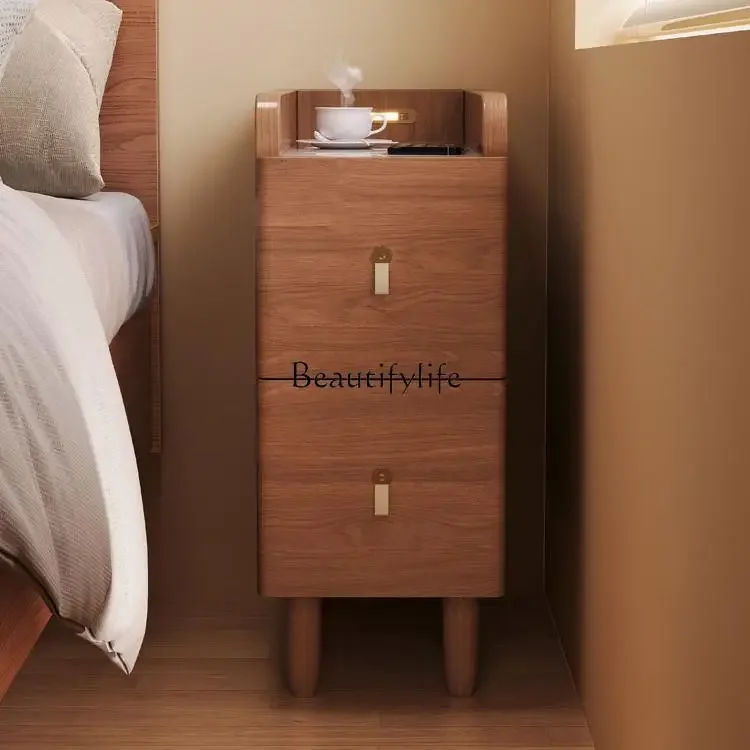 Slate bedside table ultra-narrow solid wood bedside narrow cabinet charging with lamp multi-function