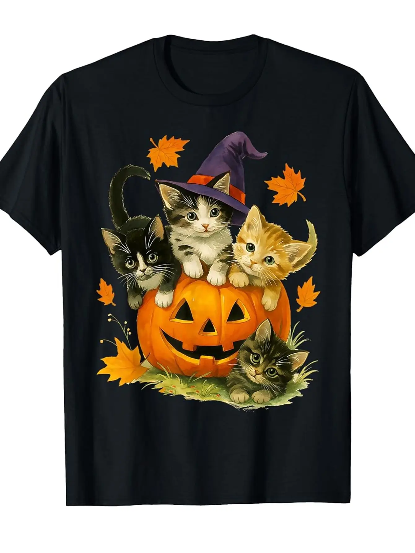 Men's and Women's Same Vintage Cat Witch Hat and Pumpkin Lantern T-Shirt - Comfortable Cotton Crew Neck Short Sleeves, Casual Street Top with Vintage Halloween Cat Witch and Pumpkin Lantern Pattern, Available in Neutral Sizes