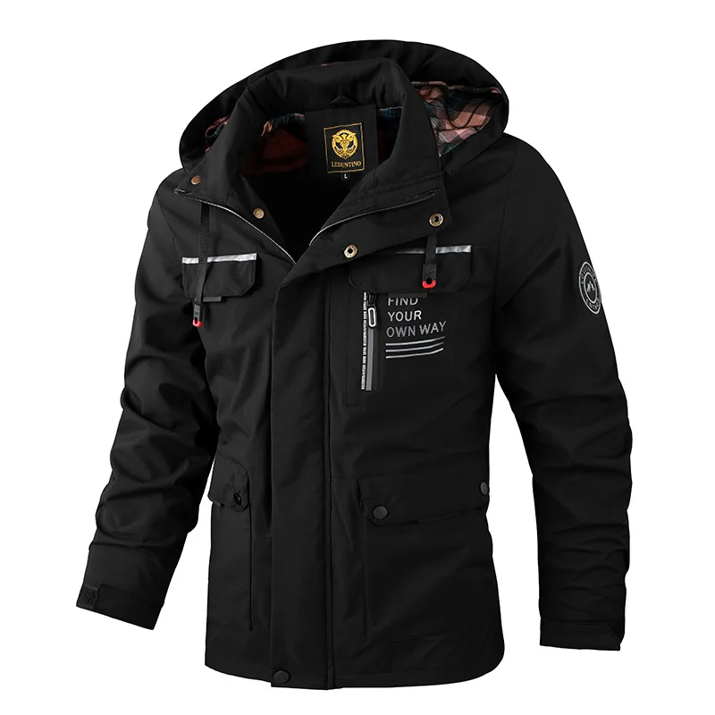 Discount Men's brand casual jacket parka coat autumn and winter's hooded jacket pure color outdoor trend, unique arm logo design