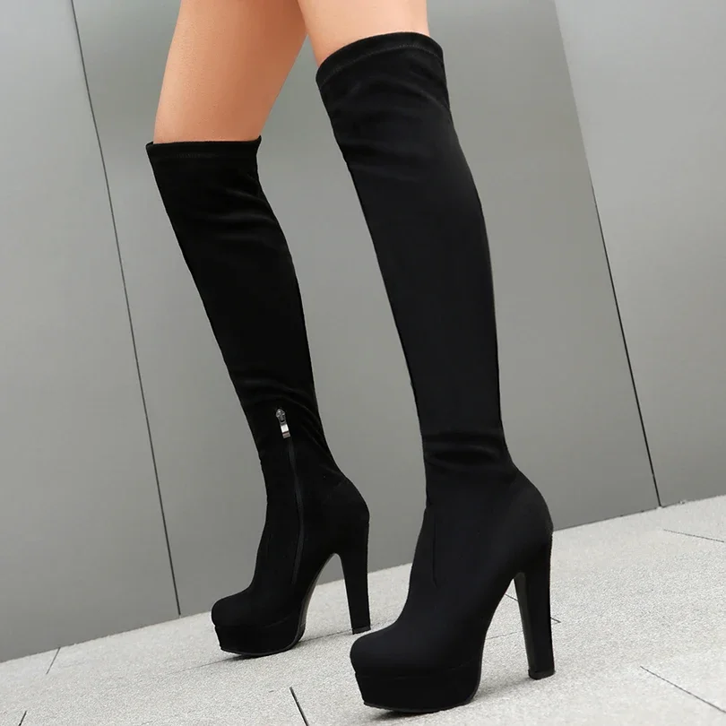 

Plus Size Frosted Velvet Material Platform Ultra-High Thick Heel Elastic Boots With Plush Interior Over The Knee High Boots