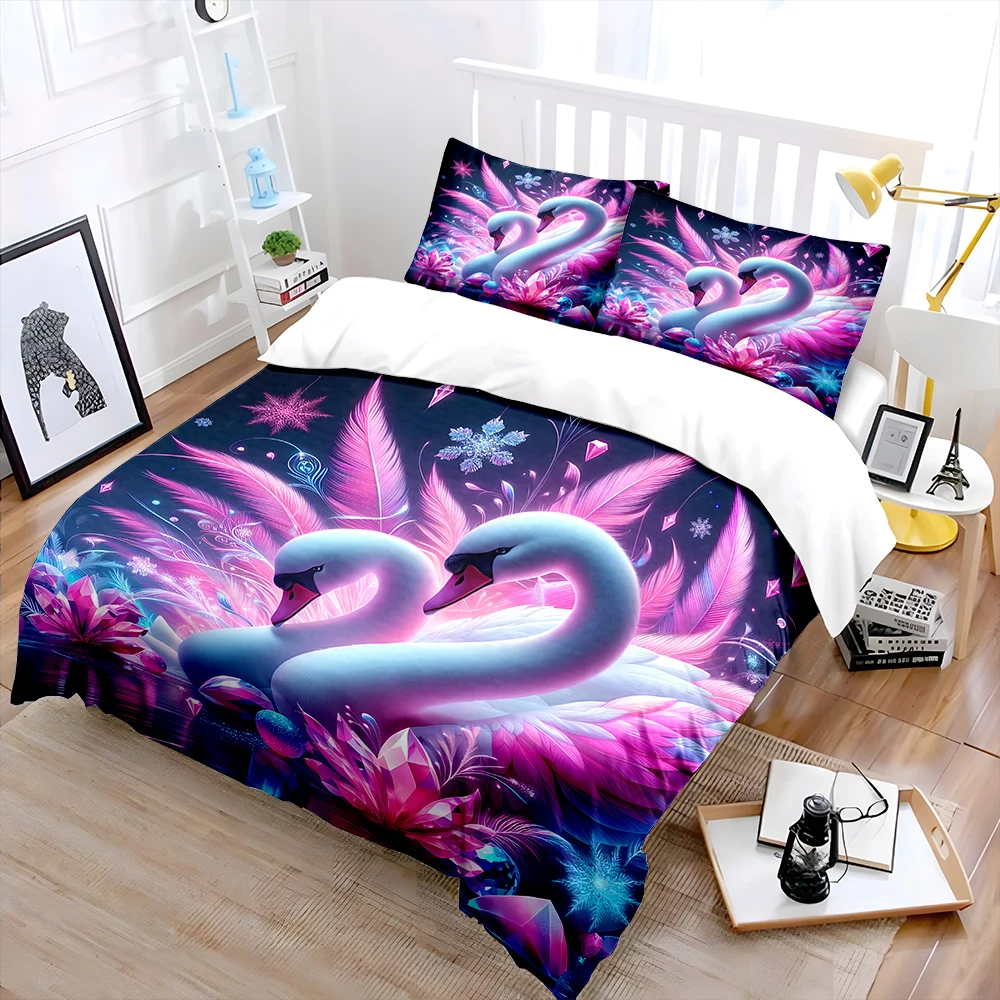 

Pink swans with dreamy crystals Bedding Set for Kids Luxury Gift 3pcs Digital Print Comforter Set Soft Comfortable Breathable