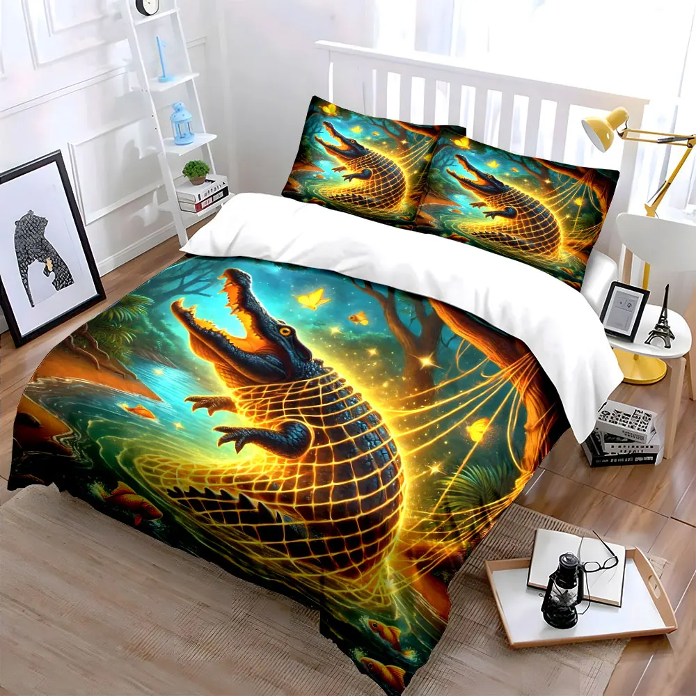 Golden Jungle Crocodile Decoration Set Soft Skin-Friendly Bedding Set Includes 1 Duvet Cover And 2 Pillowcase, Gift