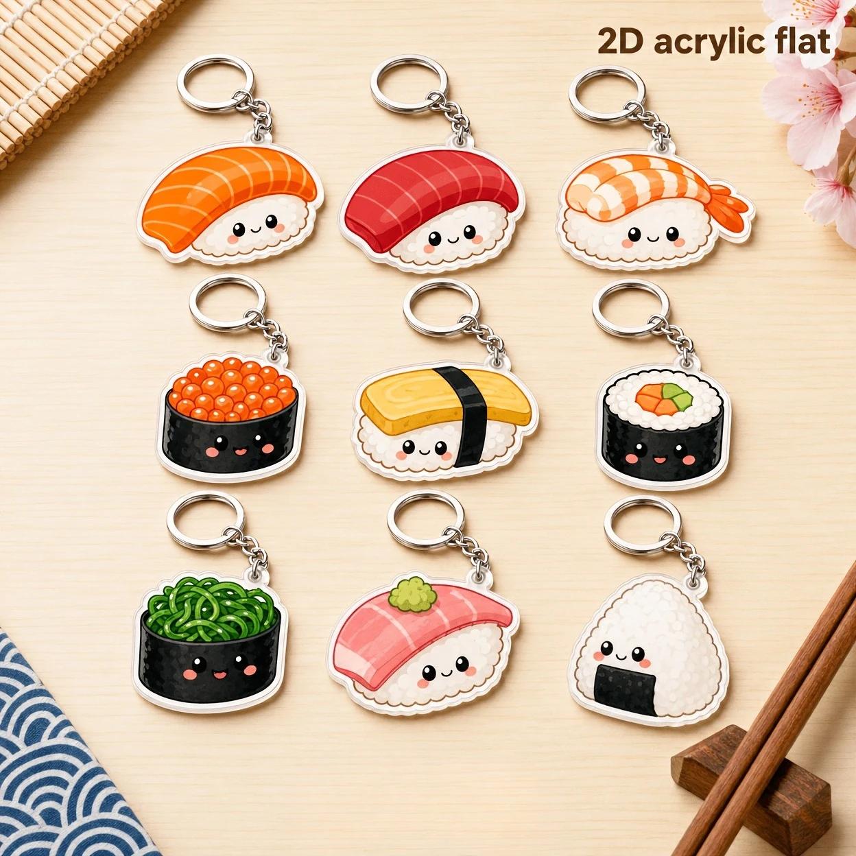 2D Flat Design | Set of 9 Japanese-Style Sushi Acrylic Keychains—Universal Accessories for Backpacks and Car Keys