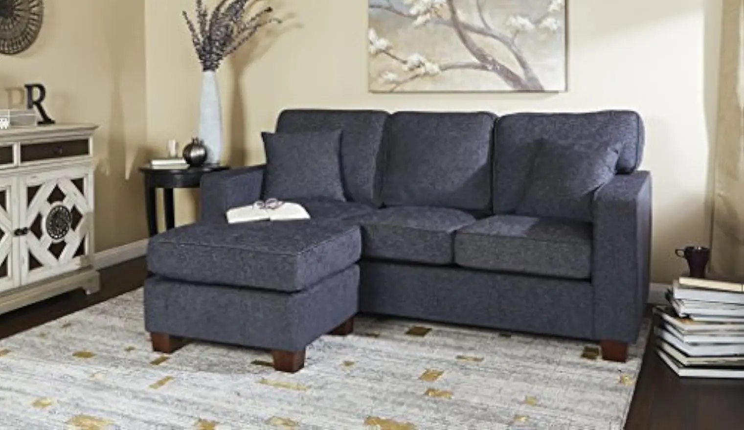 Home Furnishings Russell Reversible Sectional Sofa with 2 Pillows and Coffee Finished Legs, Navy