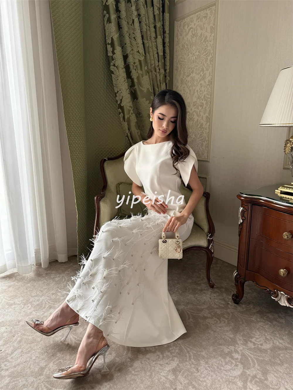 Abiti da cerimonia alla caviglia con scollo rotondo dritto in jersey di moda stile moderno personalizzato Abiti da cerimonia su misura Classici