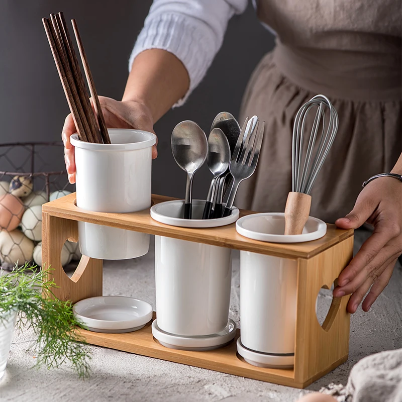 Japanese Style Simple Ceramic Chopsticks Holder Home Kitchen Chopsticks Storage Box Double Tube round Shape 2 Layers