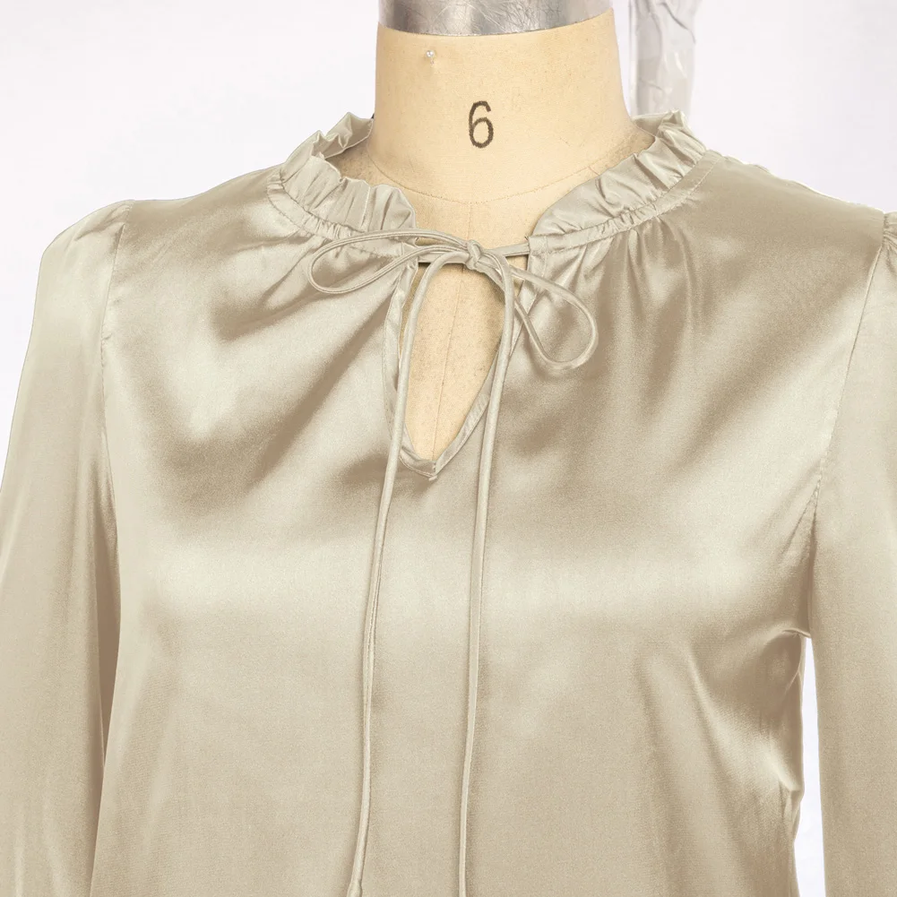 GRACE KARIN Women Ruffled Stand Collar Blouse Long Sleeve V-Neck Pullover Tops Office Lady Mock Neck Casual Work Shirt A30