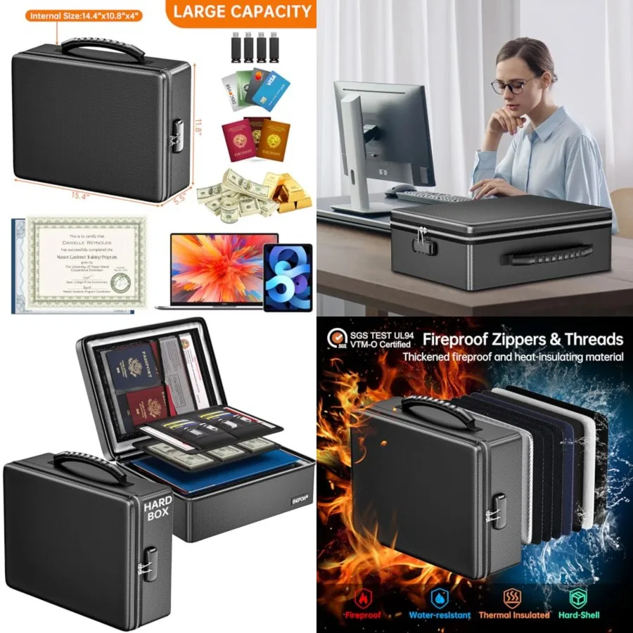 

Fireproof Document Bo, Hard Case File Bo with Fireproof Zipper＆Lock, 6400°F Heat Insulated Fire and Water Resistant Portable Fi