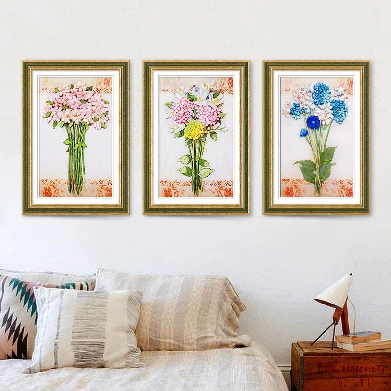 

3pcs/set Needlework,DIY Ribbon Cross stitch Sets for Embroidery kit,Love Symbol Flower Tree Cross-Stitch handcraft wall decor