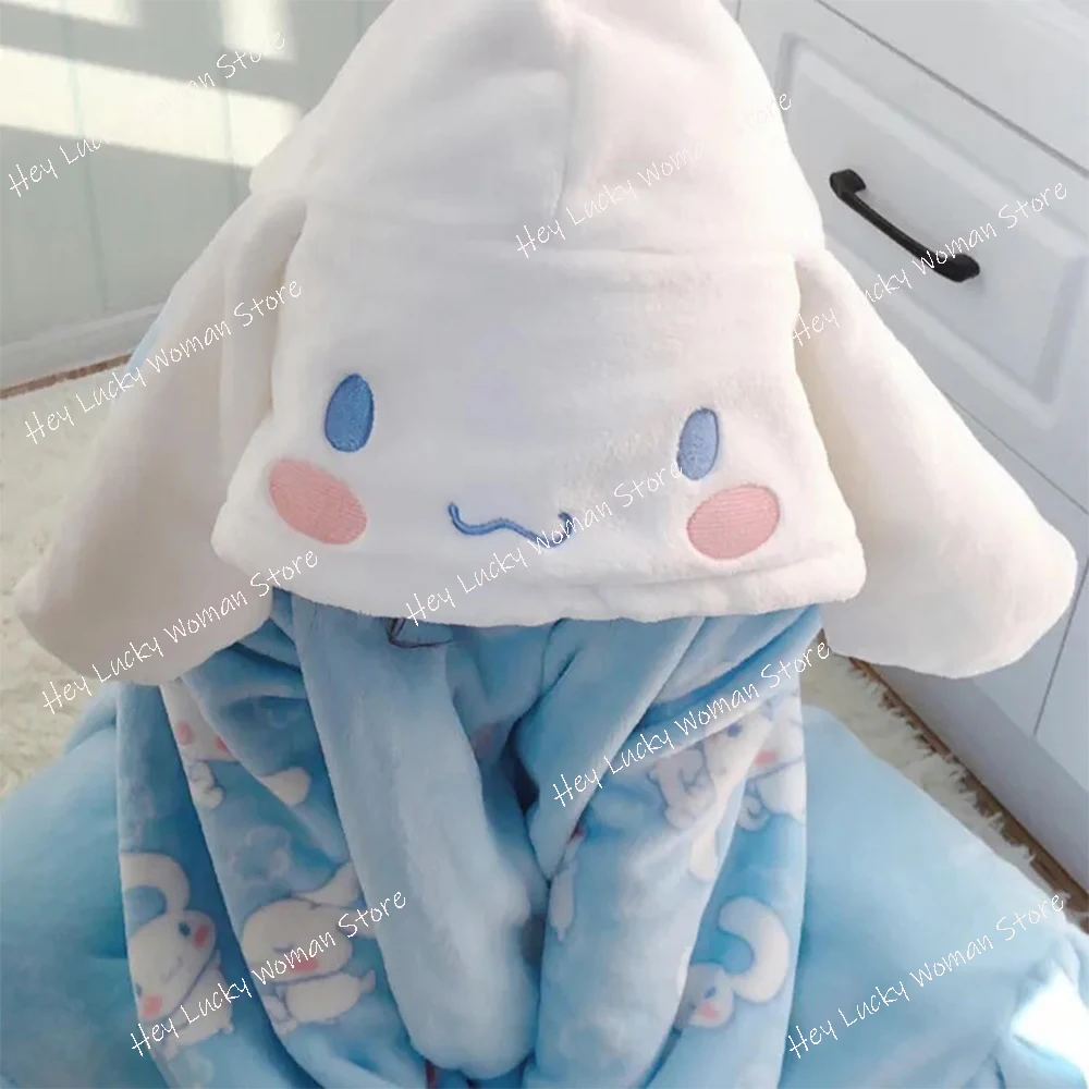 2Pcs Cinnamoroll Hooded Pajamas Set New Sanrio   Women's Cotton Plush Autumn Winter Cartoon Pajamas Student Flannel Home Clothes