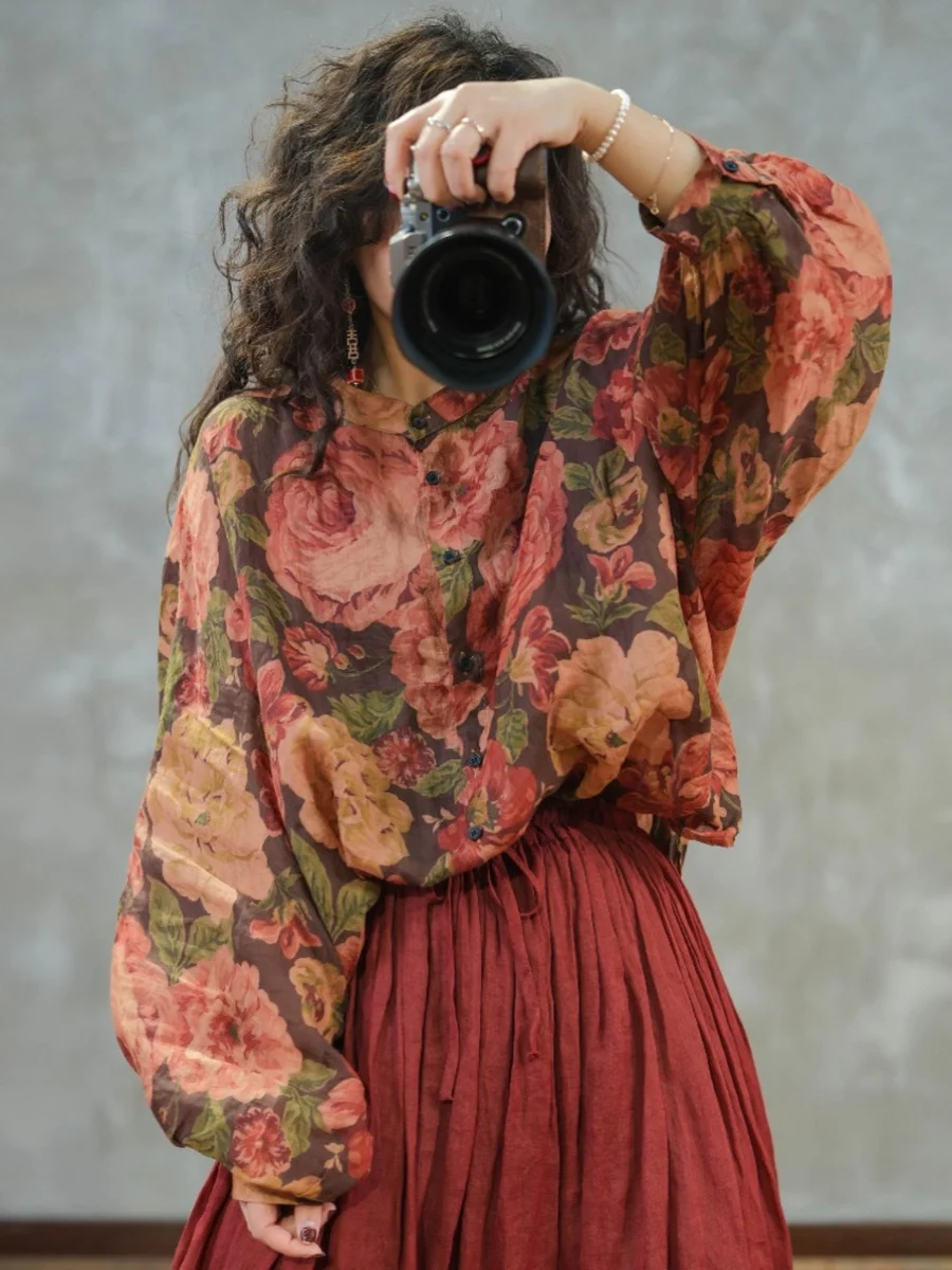 

Retro Loose Casual Long Sve irt Women's Clothing Color Blo Print Cotton Linen Spring Autumn New Sle Sweet Sle