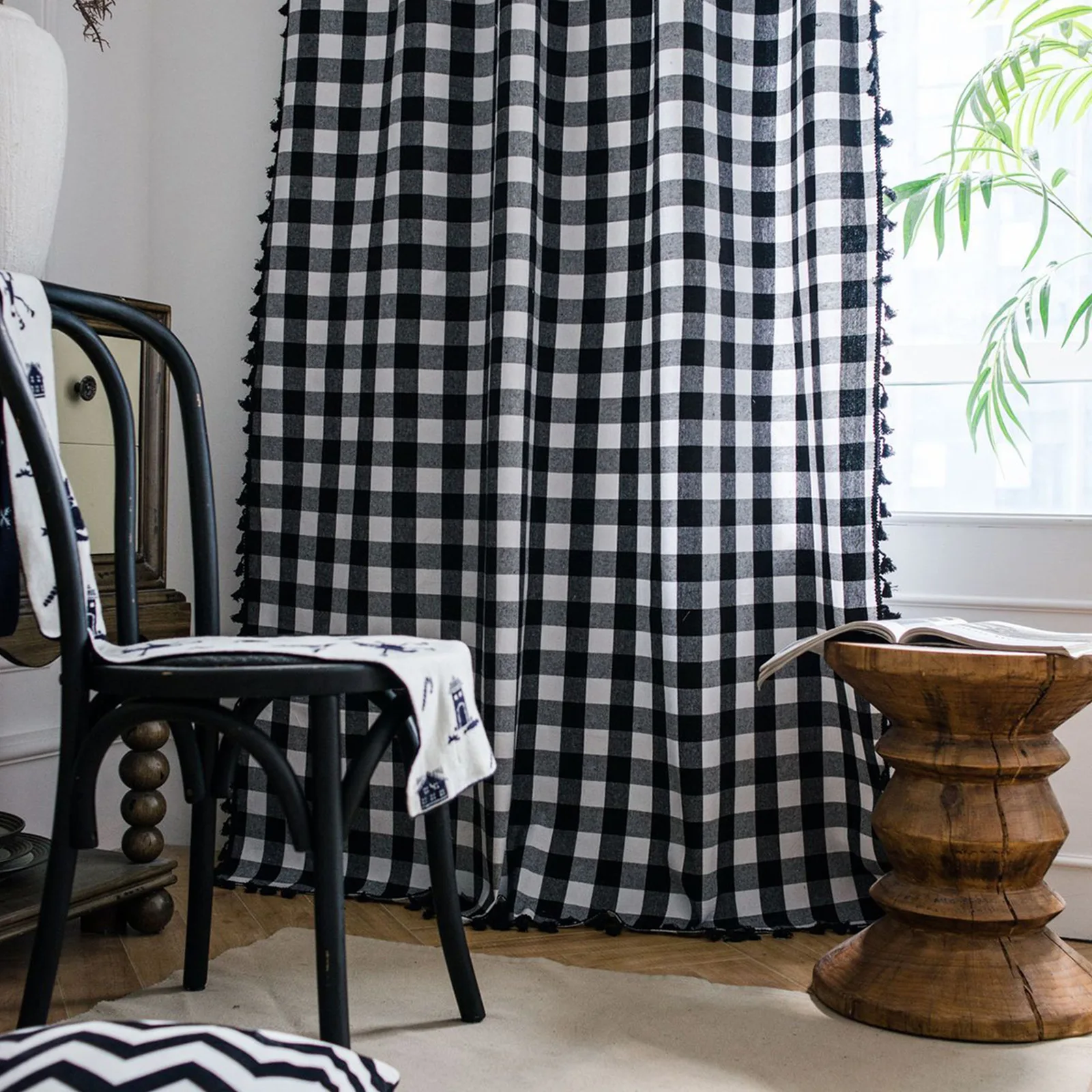 Black Tassel Rod Pocket Curtains Buffalo Plaid Black and White Check Half Blackout Curtains