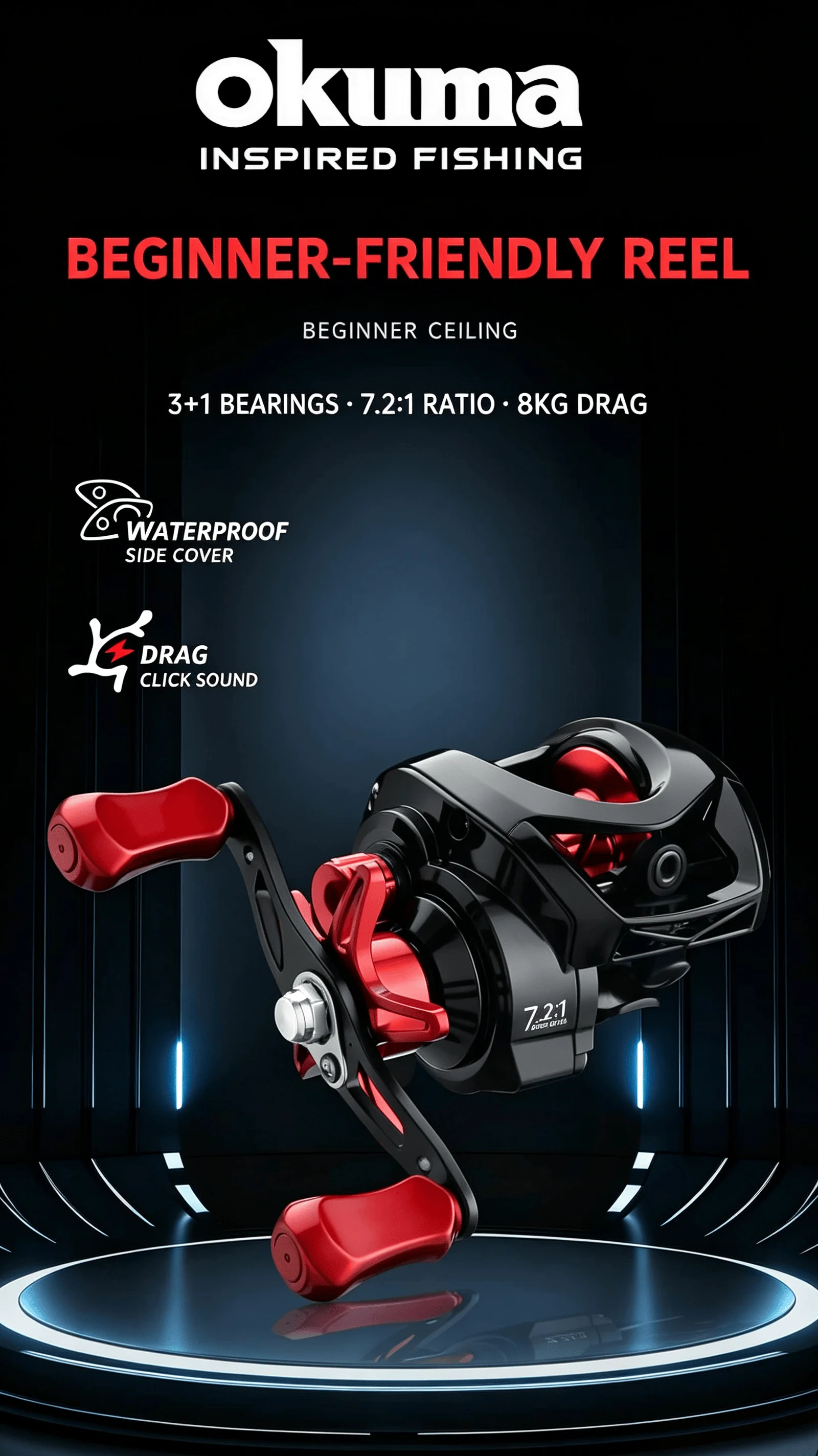 Okuma Baitcaster-Rolle 7.2:1 Hochgeschwindigkeits-3+1-Lager 8KG Max. Bremskraft Magnetbremse Metallspule Flache Angelrolle – Detail 3