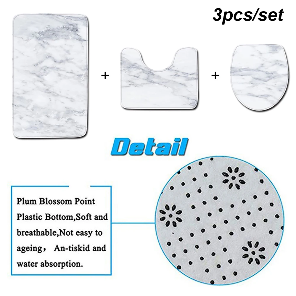 3pcs Marble Pattern Bath Mats Anti Slip Bathroom Mat Set Washable Toilet Seat Lid Cover Pedestal Rug Set Home Decor