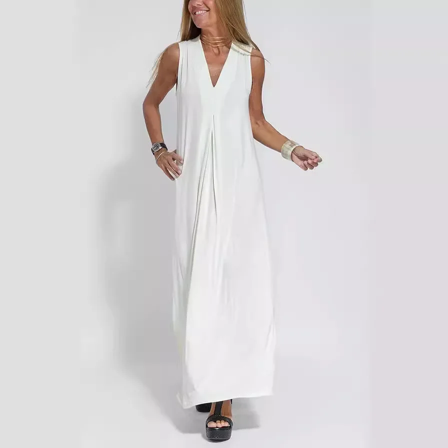 2024 Summer Dresses For Women V Neck Sleeveless Solid Color Casual Long Dress Boho Beach Holdiay Robe