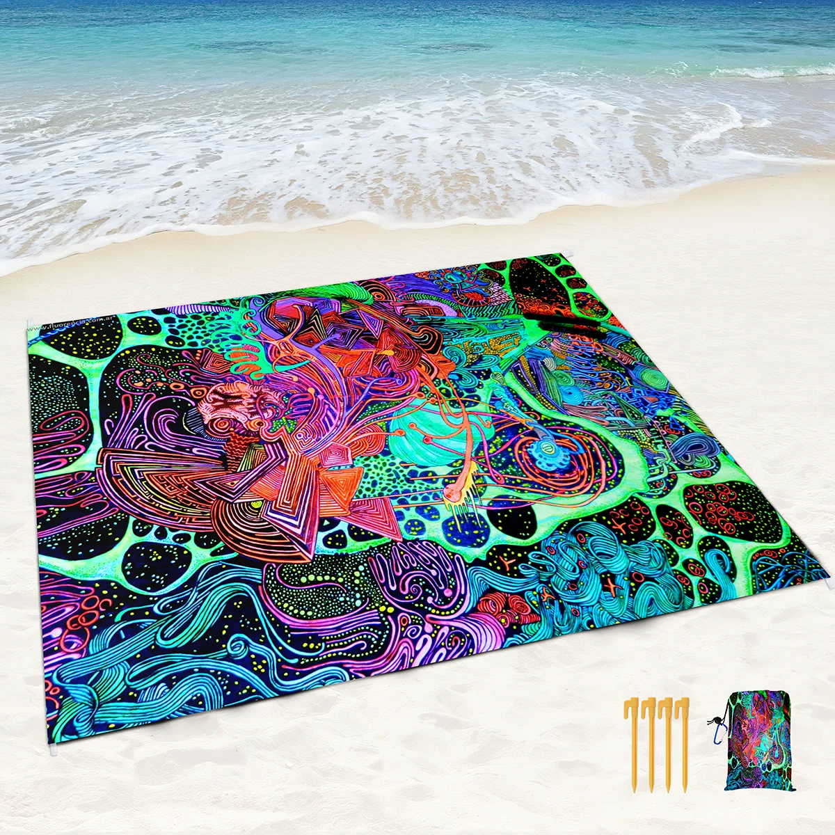 SandProof Beach Blanket,Psychedelic Graffiti Lightweight Mat with Corner Pockets and Mesh Bag for Beach Party,Travel,Camping