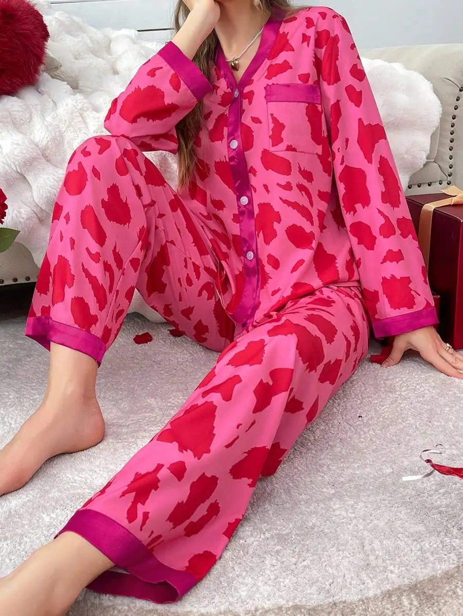 

Pink Leopard Print Pajama Set With Contrast Trim Sleepwear For Women