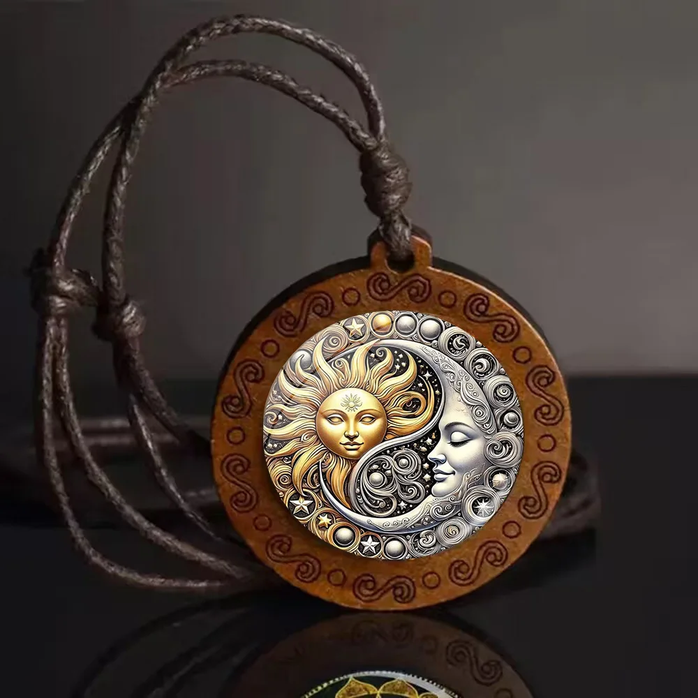 Vintage Sun Moon Celestial Pattern Wooden Pendant Necklace - Adjustable Rope Chain, Unisex Jewelry, Anniversary Birthday Gift