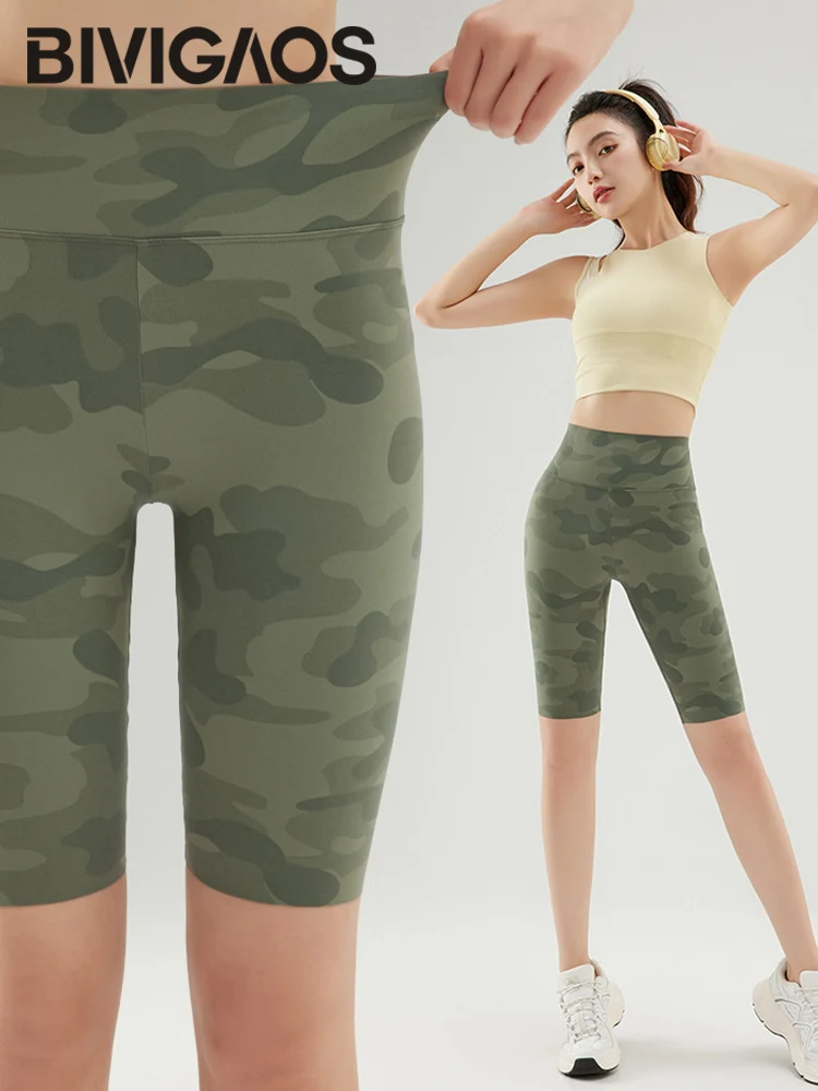 BIVIGAOS Summer Camouflage Green Sharkskin Biker Shorts Knee Length Short Leggings Women 2024 New Casual Sports Cycling Shorts