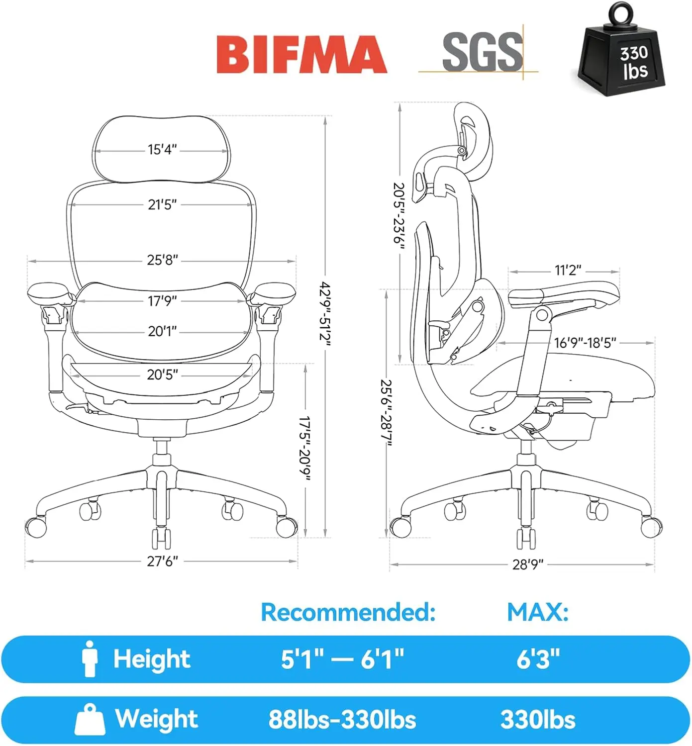 

Ergonomic Office Chair with 8D Armrests, Breathable Mesh, Full-Body Support, 135° Recline, High Back