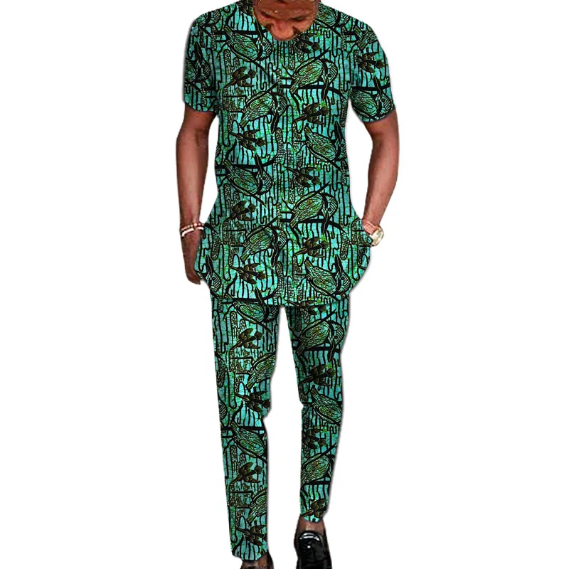 Nigerian Fashion Men\'s Short Sleeve Tops+Trousers African Wax Colorful Print Male Pant Suits Wedding Party Garment