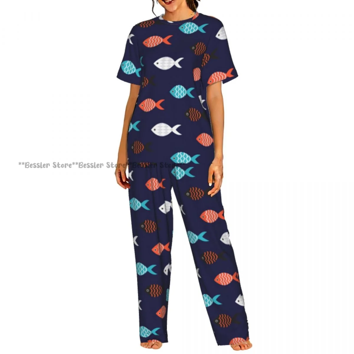 

Женский комплект пижамы с короткими рукавами и брюками, с красочным принтом в виде рыбок, для повседневной носки