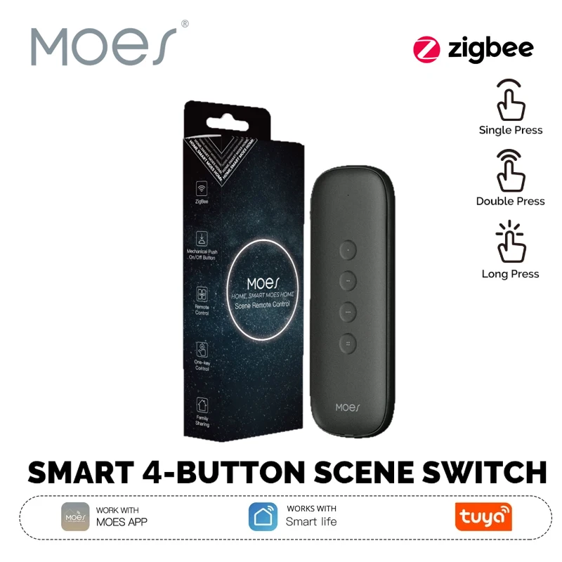 MOES Tuya ZigBee Smart Scene Switch 4Button Wireless Lighweight Design 12 Scenario Remote Control Automation Battery Powered