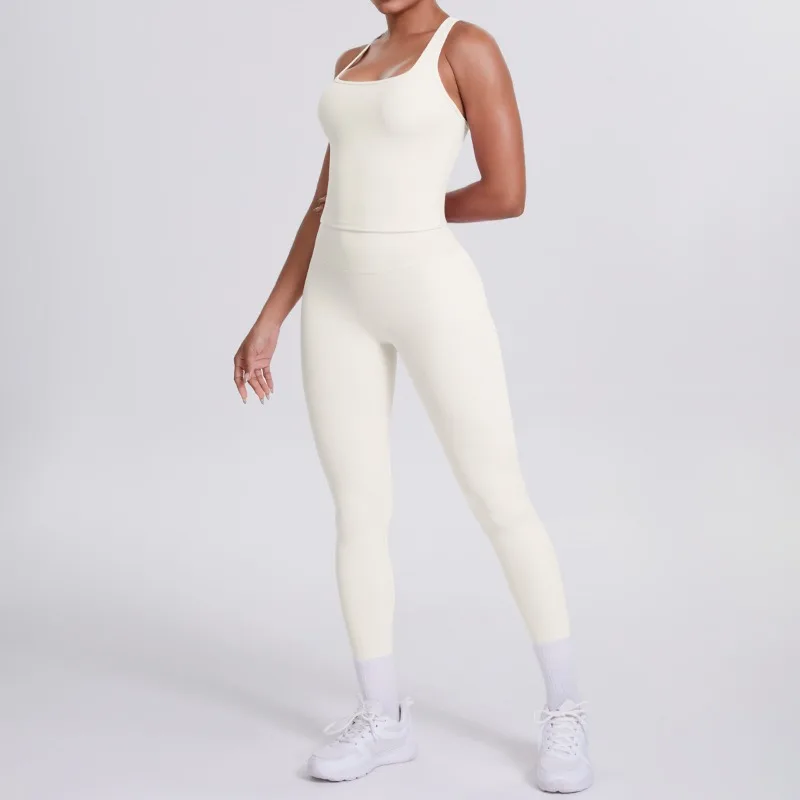 

Seamless Yoga Set for Women Double-Sided Brushed Solid Color Tight Fitting with I-Shaped Back Sports Vest Leggings Running Gym