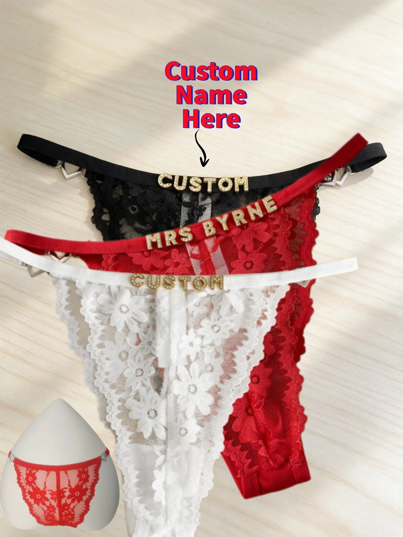 Culotte string sexy en dentelle personnalisée avec lettres en strass, taille basse, cadeau personnalisé pour femme, amante, anniversaire, festival