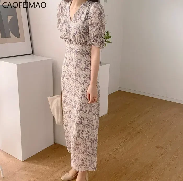 2025 Summer Elegant V-neck Long Waist Hugging Fresh Floral Dress Women French Style Puff Sleeve Temperament Chiffon Skirts