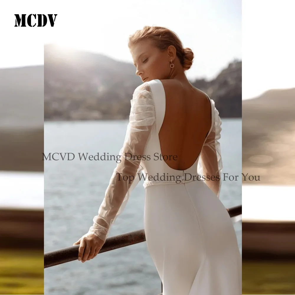 MCDV 섹시한 웨딩 드레스 백리스 풀 슬리브 새틴 인어 페르시 신부 가운 맞춤형 스윕 트레인 우아한 로브 드 마리에