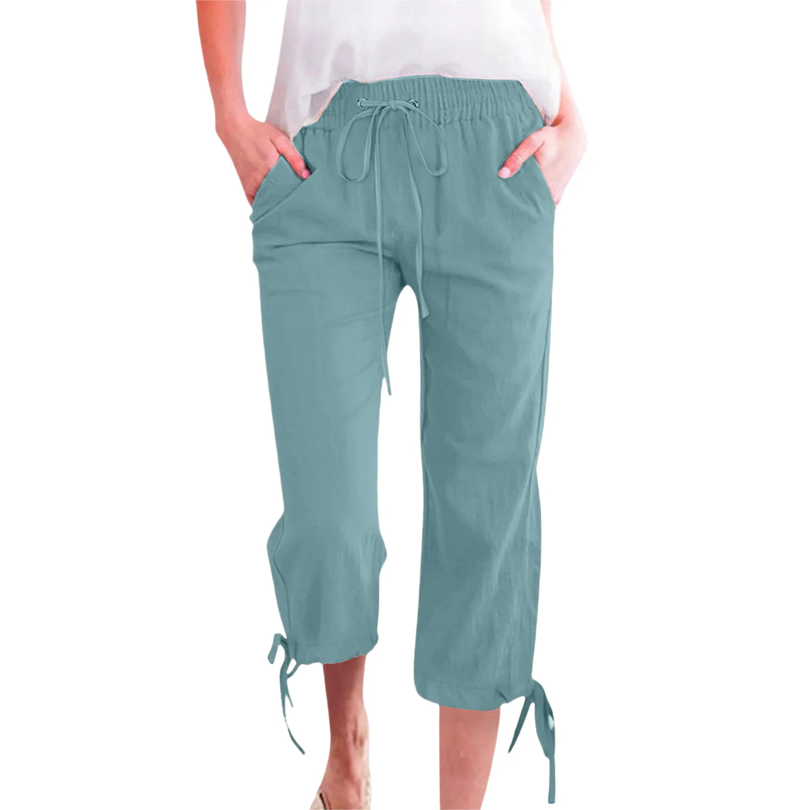 Pant women 2026 casual Spring/Autumn solid-color cotton linen loose drawstring three quarter wide-leg casual trousers clothing