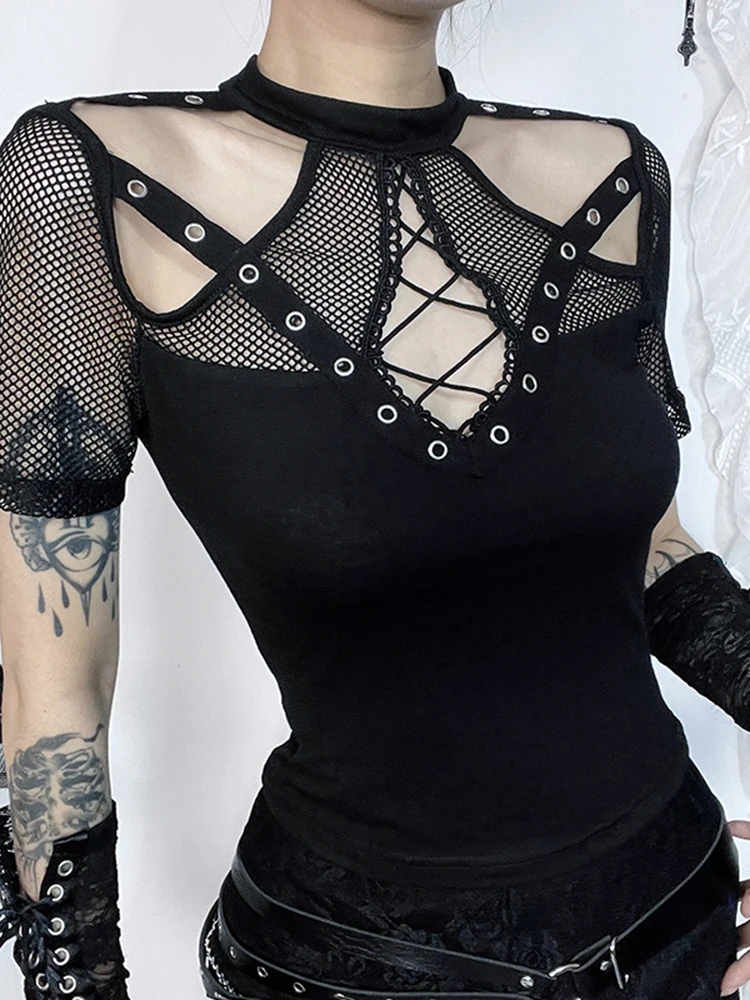 AltGoth Emo Alt Gothic T-shirt Women Streetwear Cyber Punk Y2k Mesh Patchwork Eyelet Hollow Out Short Sleeve Crop Tee Tops Femme