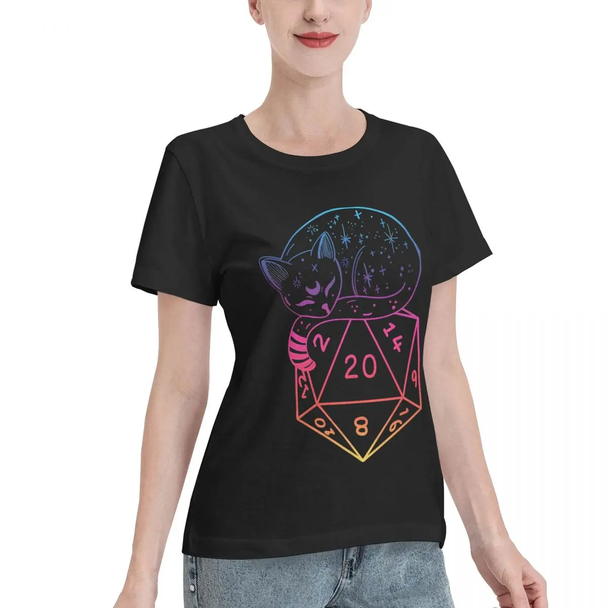 Limited Offer D20 CAT Rainbow Dnd Dice Women's T-shirt High End Korean Fashion Top